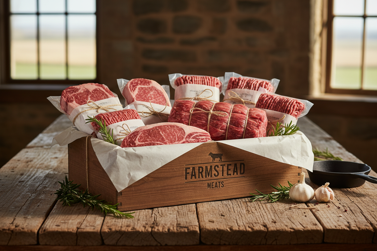 Farmhouse Favorites Beef Box - premium grain-finished beef cuts on rustic wood