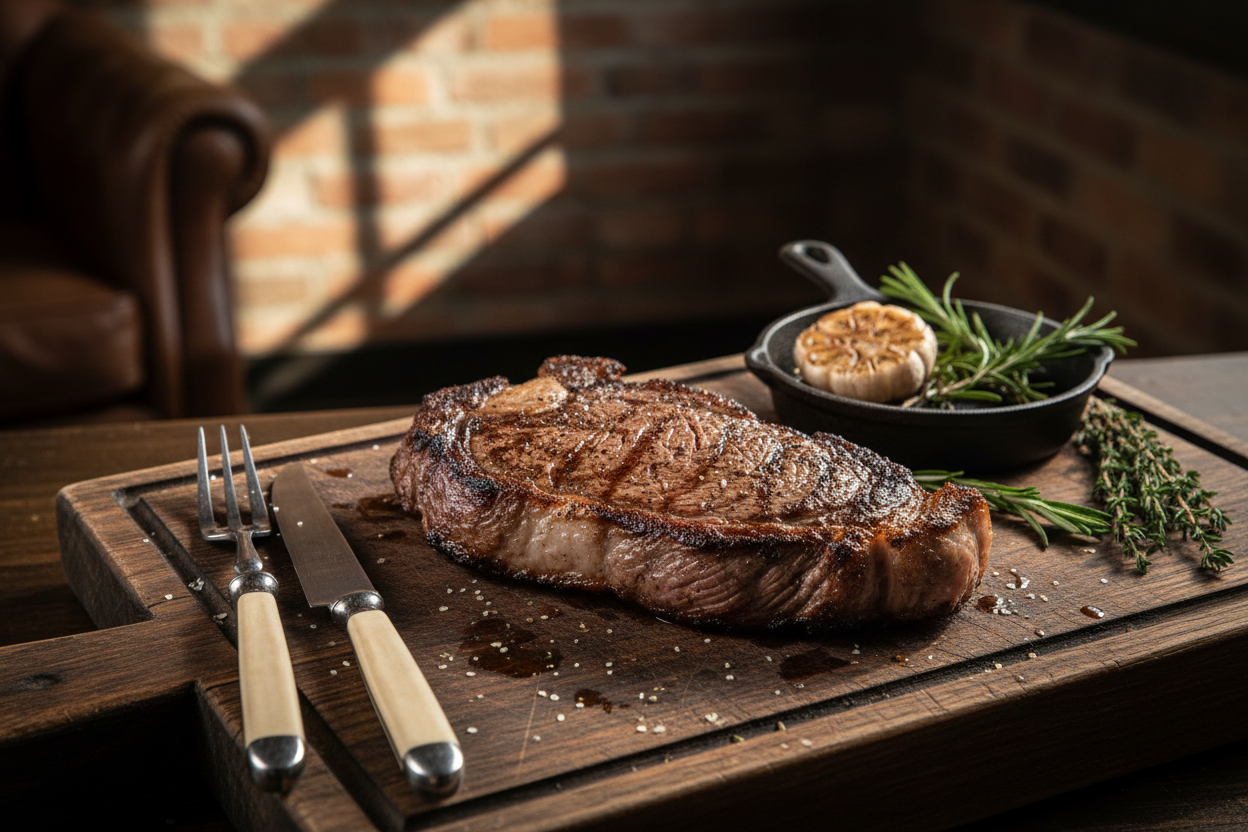 Premium NY strip steak on rustic wooden board
