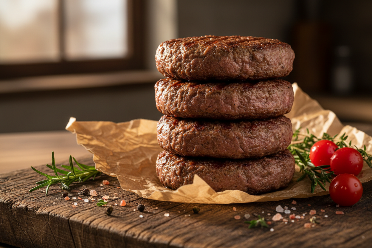Premium beef burger patties on butcher paper